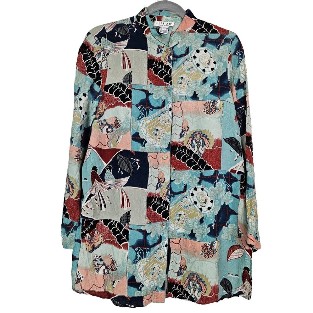 Citron Santa Monica Patchwork Bird Floral Print Mandarin Silk Tunic Shirt S
